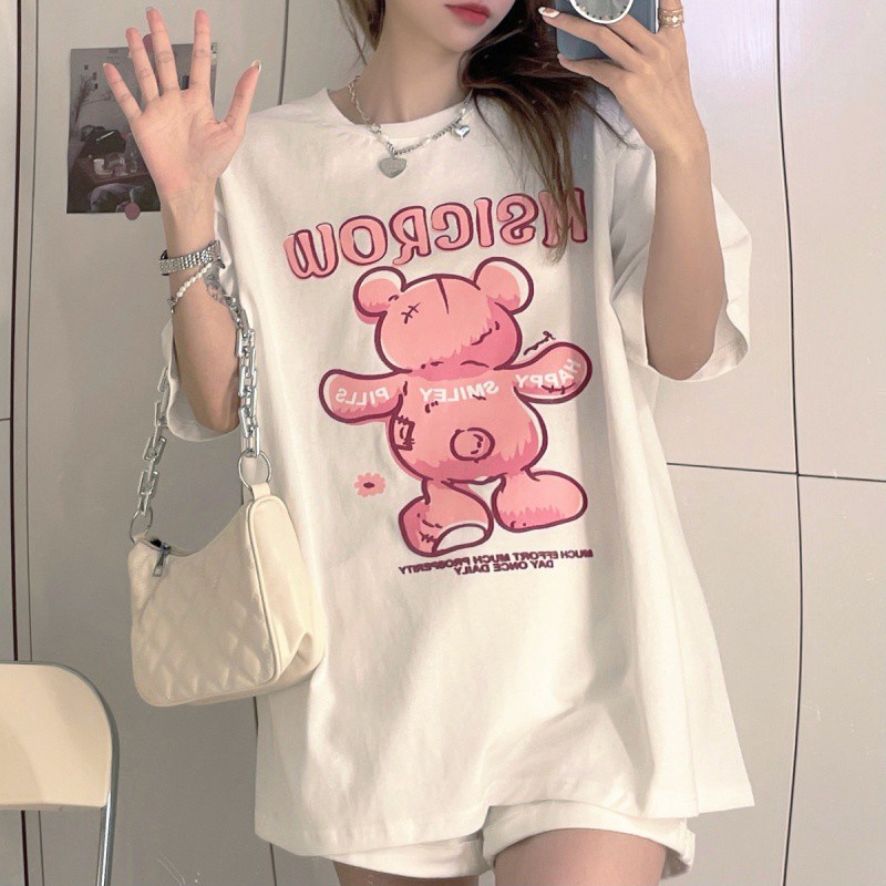 Áo Thun Tay Ngắn Cổ Tròn Dáng Rộng In Họa Tiết Hoạt Hình Dễ Thương Cho Nữ