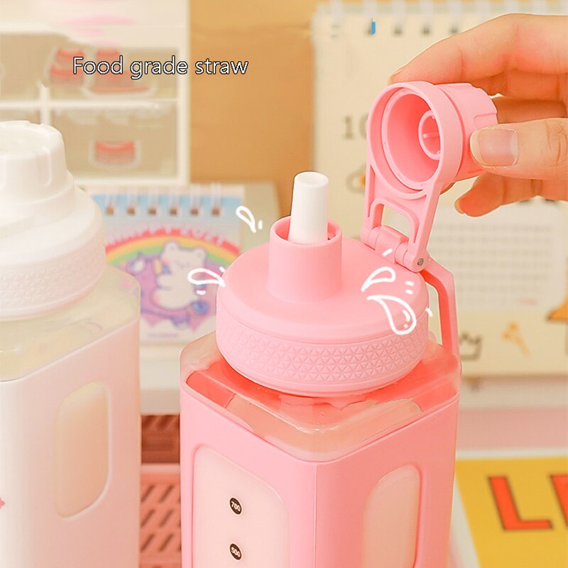 Bình nước vuông 700ml kèm stickers, dây đeo dễ thương, bình nước đáng yêu cho bé