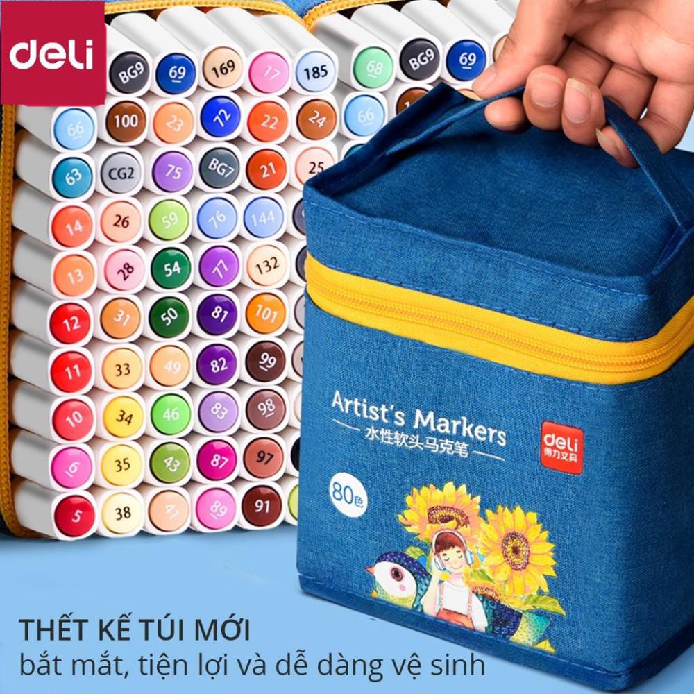 Bút màu marker 2 đầu túi vải Deli - mực có thể rửa được - có đầu brush và vát - 30 màu/40màu/60màu/80màu -70808 [Deli]