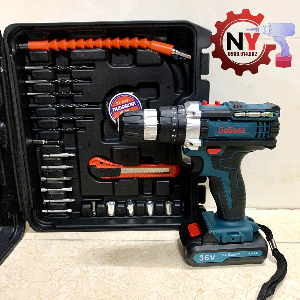 MÁY KHOAN DÙNG PIN 36V GOBOSS THÁI LAN - MÁY KHOAN PIN TẶNG KÈM VALI NHIỀU PHỤ KIỆN