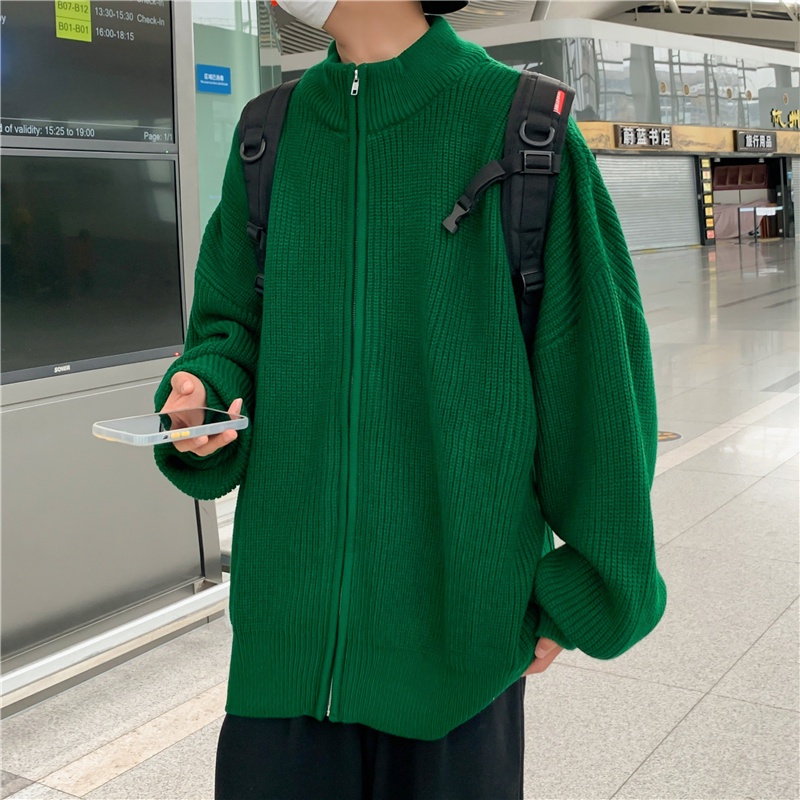 Áo khoác dệt kim lỏng lẻo Cổ áo thời trang nam nữ dây rút màu xanh lá cây Cardigan dài tay cardigan áo cardigan nữ