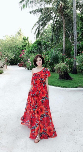 [Hình thật] Đầm Maxi bèo lệch vai hoa cam đi biển, đi chơi, đi tiệc cực đẹp | BigBuy360 - bigbuy360.vn