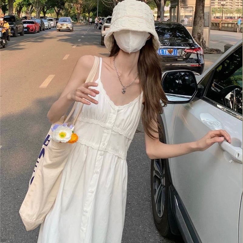 Đầm Dài Hai Dây Cổ Chữ V Màu Trắng Phong Cách Hàn Quốc Thời Trang Mùa Hè Cho Nữ