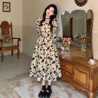 Đầm maxi cổ vuông tay dài phồng thời trang hàn quốc cho nữ