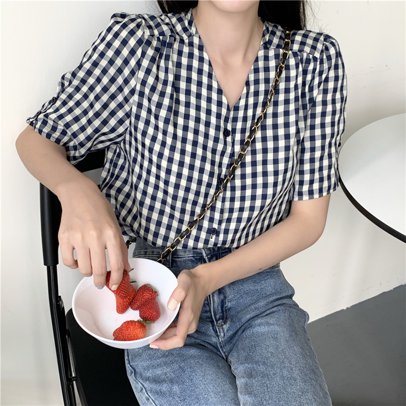 Áo sơ mi SUXI ngắn tay cổ chữ V họa tiết ca rô thời trang cho nữ