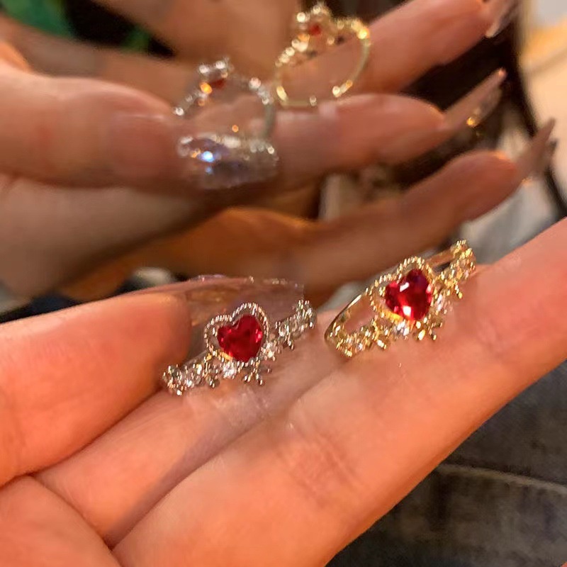 Bộ Nhẫn Hở Đính Đá Zircon Màu Đỏ Có Thể Điều Chỉnh Kích Thước