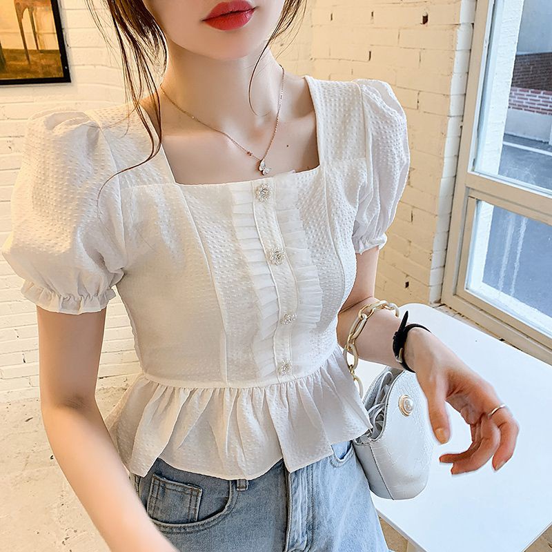 Short sleeve design sense niche short ruffled fashion all-match square neck pullover，cheap borong of Koreanfashion women's clothing readystock 210602