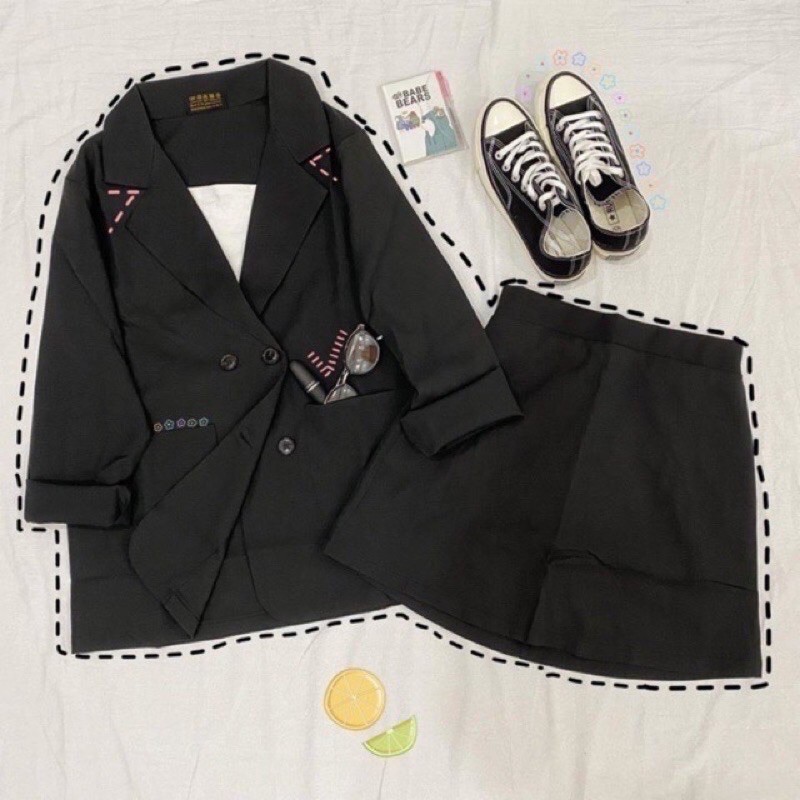 SET BLAZER TRƠN 2 món- CHÂN VÁY LƯNG THUN SAU (Ảnh thật)