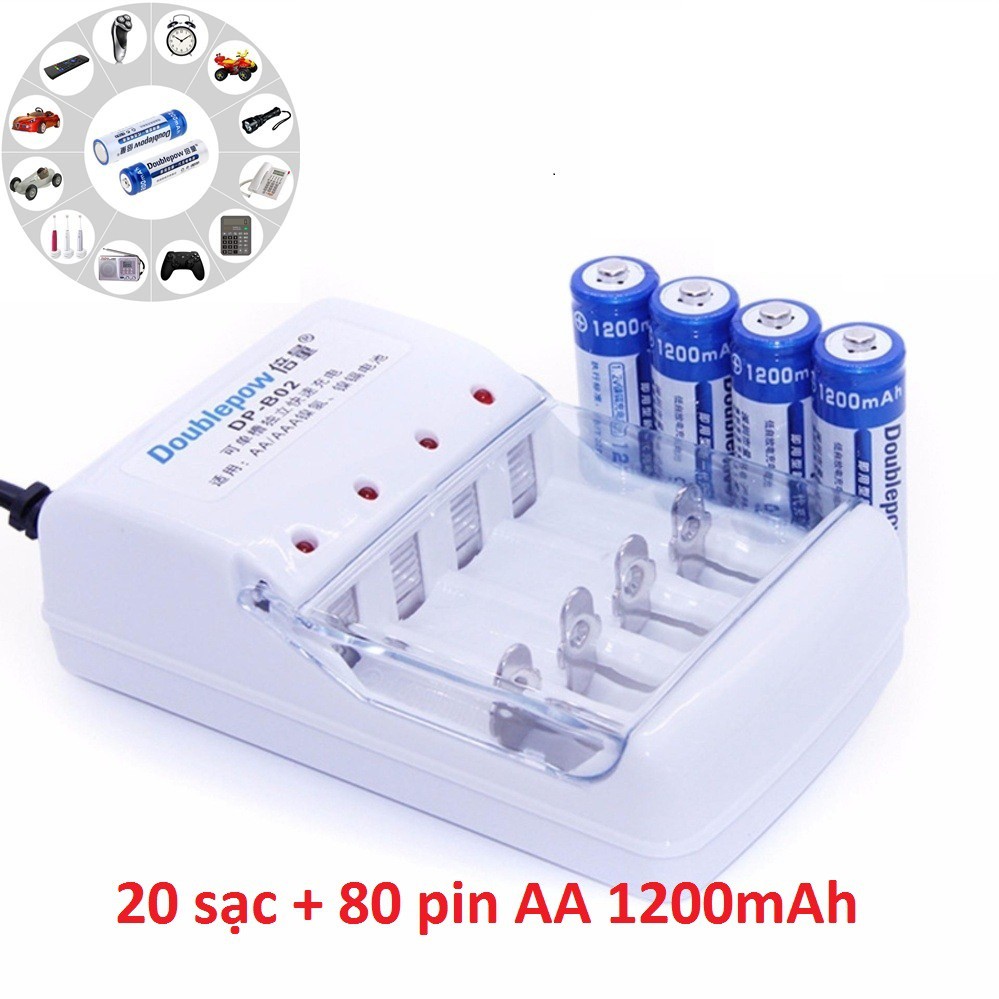 Combo 20 Bộ Sạc Pin Doublepow DP-B02 Tặng Kèm + 80 Pin Tiểu Sạc AA 1200mAh
