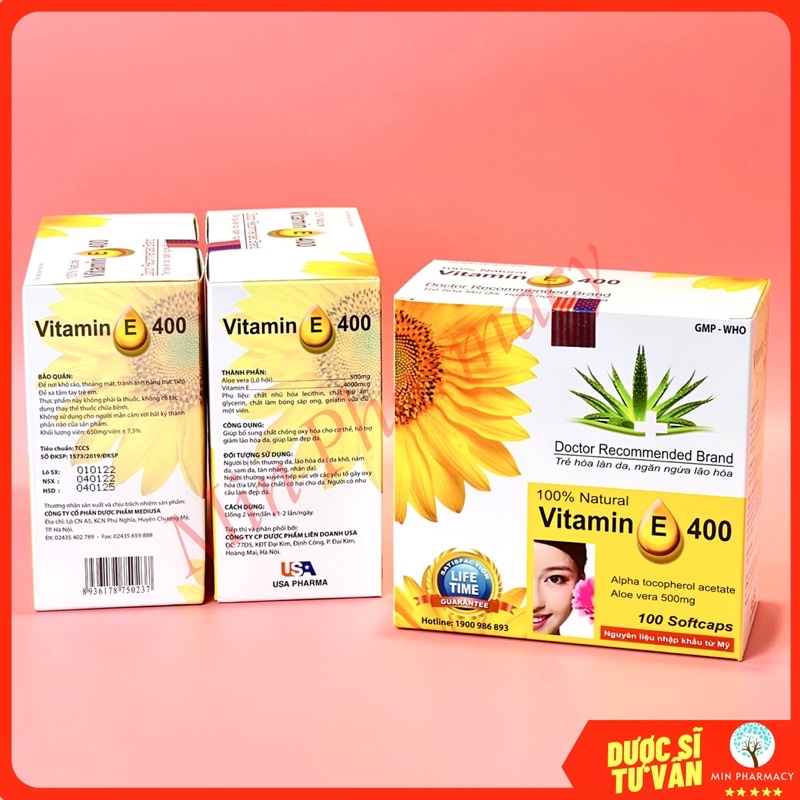 Vitamin E Thiên nhiên và Tinh chất Nha đam Chống lão hoá Đẹp da USA Pharma Hộp 100 viên nang - Minpharmacy