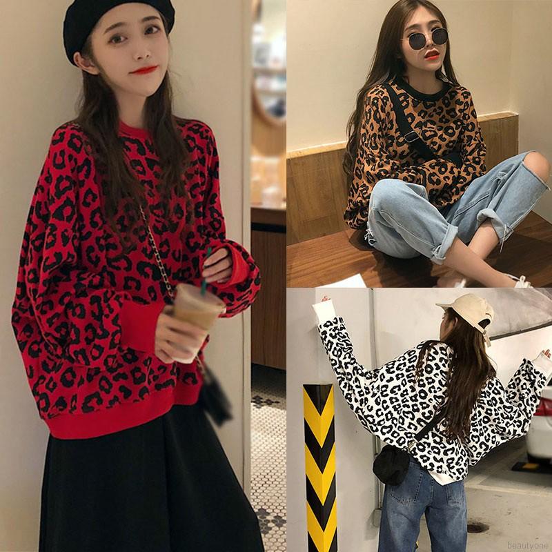 Áo Sweater Tay Dài Hoạ Tiết Da Báo Phong Cách Hàn Quốc