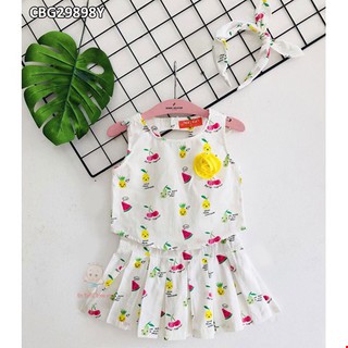 Sét váy bé gái áo croptop phối băng đô tai thỏ siêu dễ thương cho bé màu Vàng