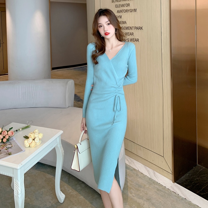 Váy dệt kim dài tay phụ nữ 2021 mùa thu và mùa đông mới của Pháp tính khí retro eo là váy dài đến đầu gối mỏng hơn