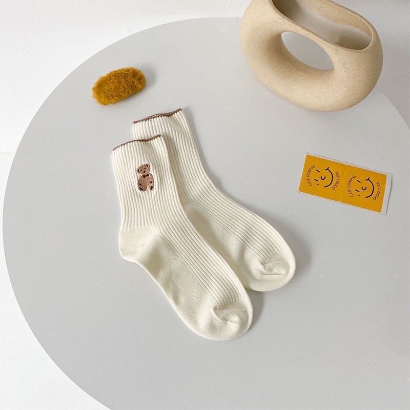 Set 5 đôi vớ cổ cao vải cotton thêu hình chú gấu hoạt hình phong cách Hàn Quốc - Tất gấu