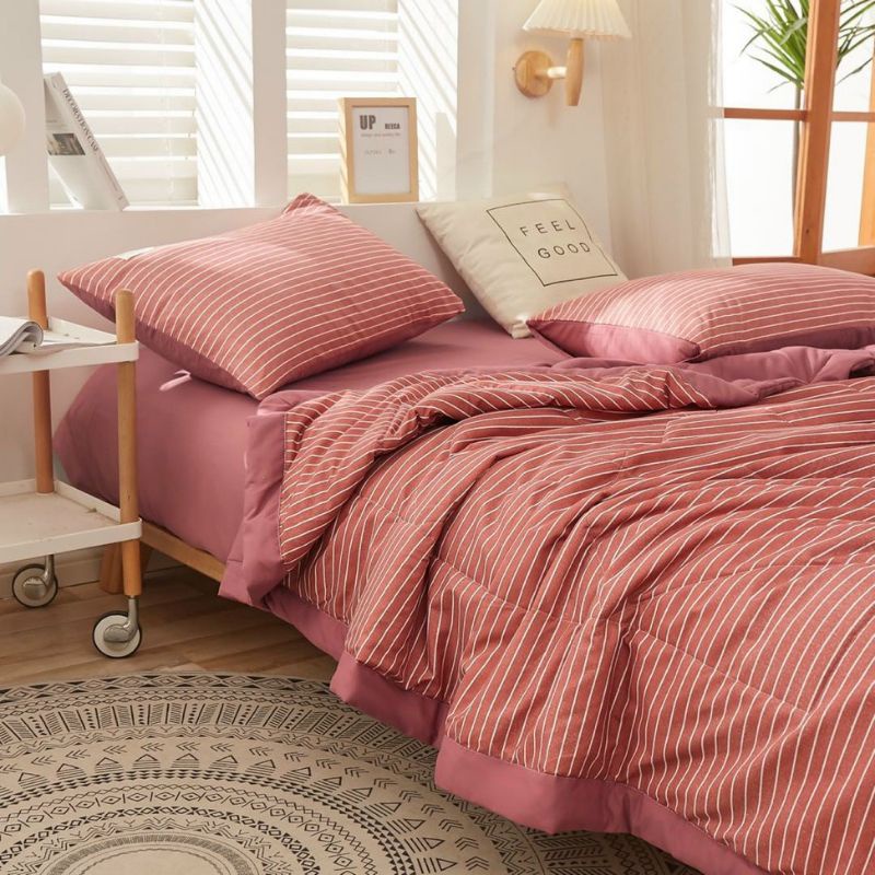 Bộ Chăn Ga Gối Kẻ Chỉ Đỏ Cotton Tici Chăn Chần Bông Nhập Khẩu