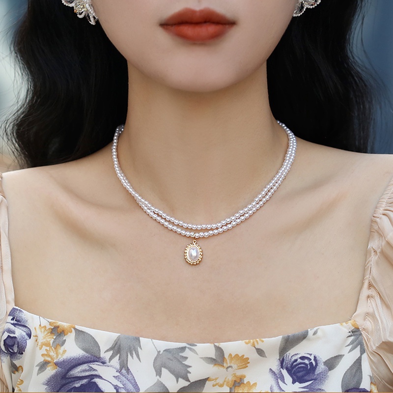 Vòng Cổ Choker Hai Lớp Đính Hạt Ngọc Trai Cổ Điển