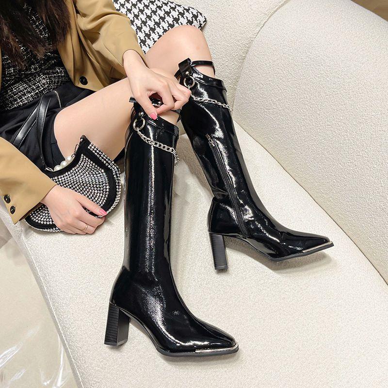 Giày Bốt Martin Mũi Vuông Đế Dày Phối Dây Xích Đan Chéo Phong Cách Anh Quốc Thời Trang Mới 2022 Cho Nữ