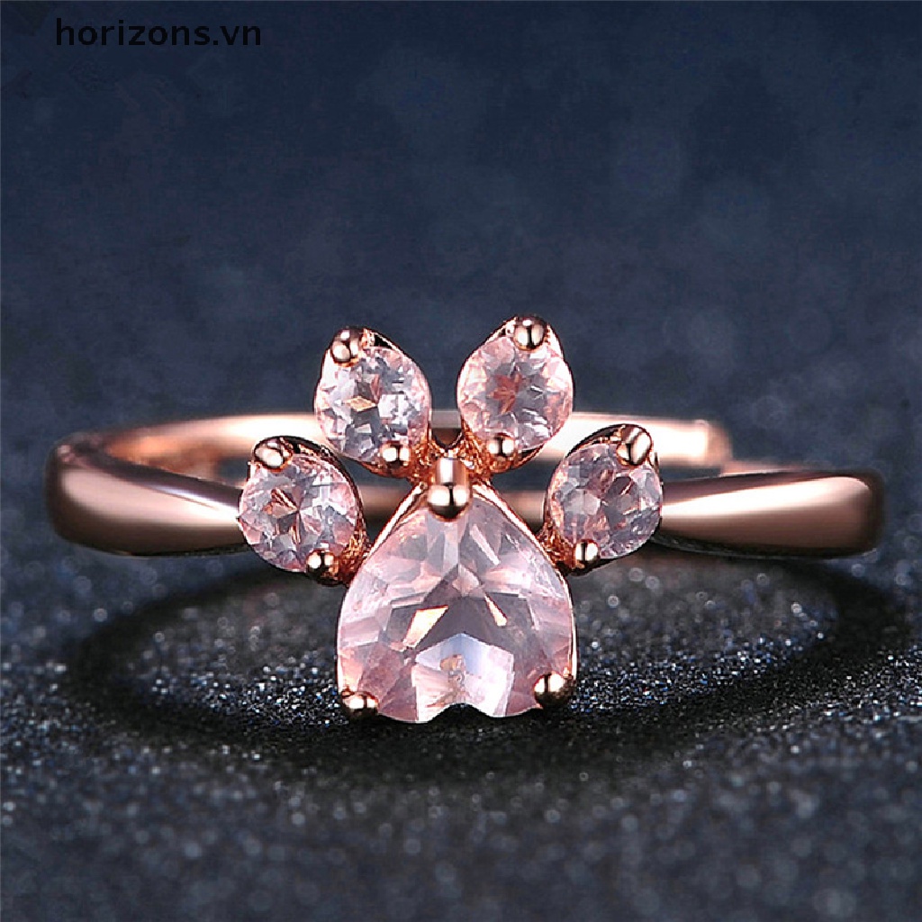 Nhẫn Hở Mạ Vàng Hồng Đính Đá Zircon Hình Chân Mèo Có Thể Điều Chỉnh Kích Cỡ