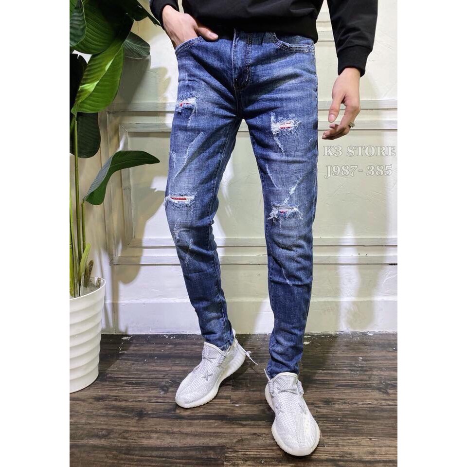 Quần jean nam xanh rách nhẹ J987-385