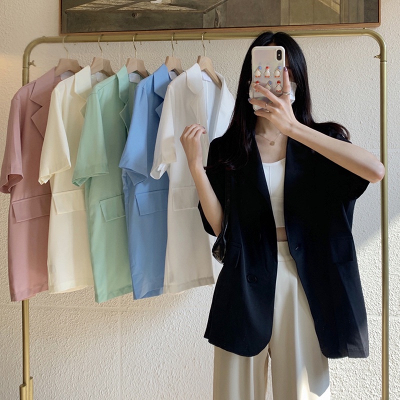 [QUÀ TẶNG LÀ CHUN TÓC Ạ] Áo khoác ngắn tay 1 lớp chất Ruby trượt Hàn Áo blazer cộc 5 màu hottrend túi giả Junnie Closet | BigBuy360 - bigbuy360.vn