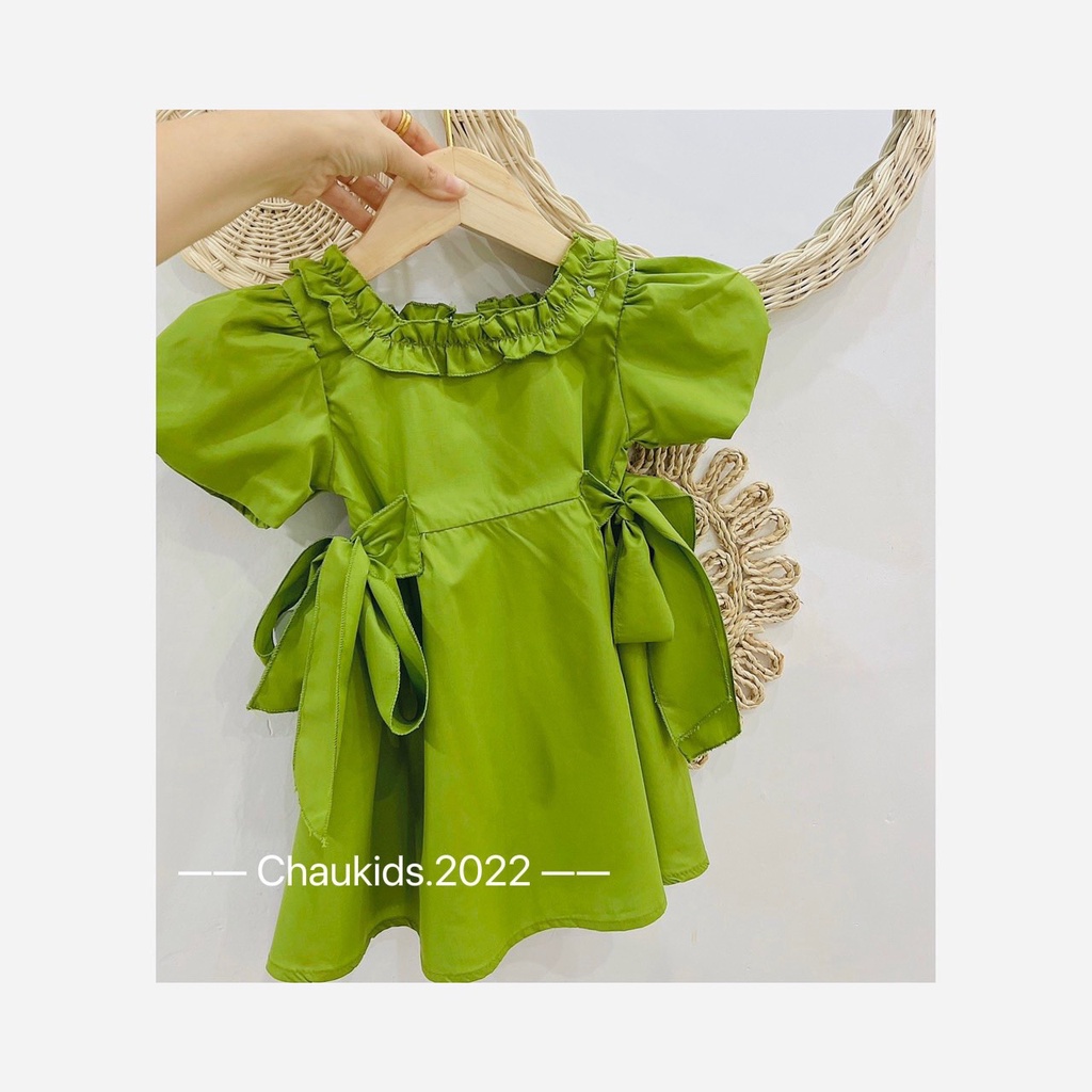 Váy xòe bé gái màu xanh bơ, váy tiểu thư cổ bèo nhún màu xanh đính nơ 2 bên eo cho bé gái