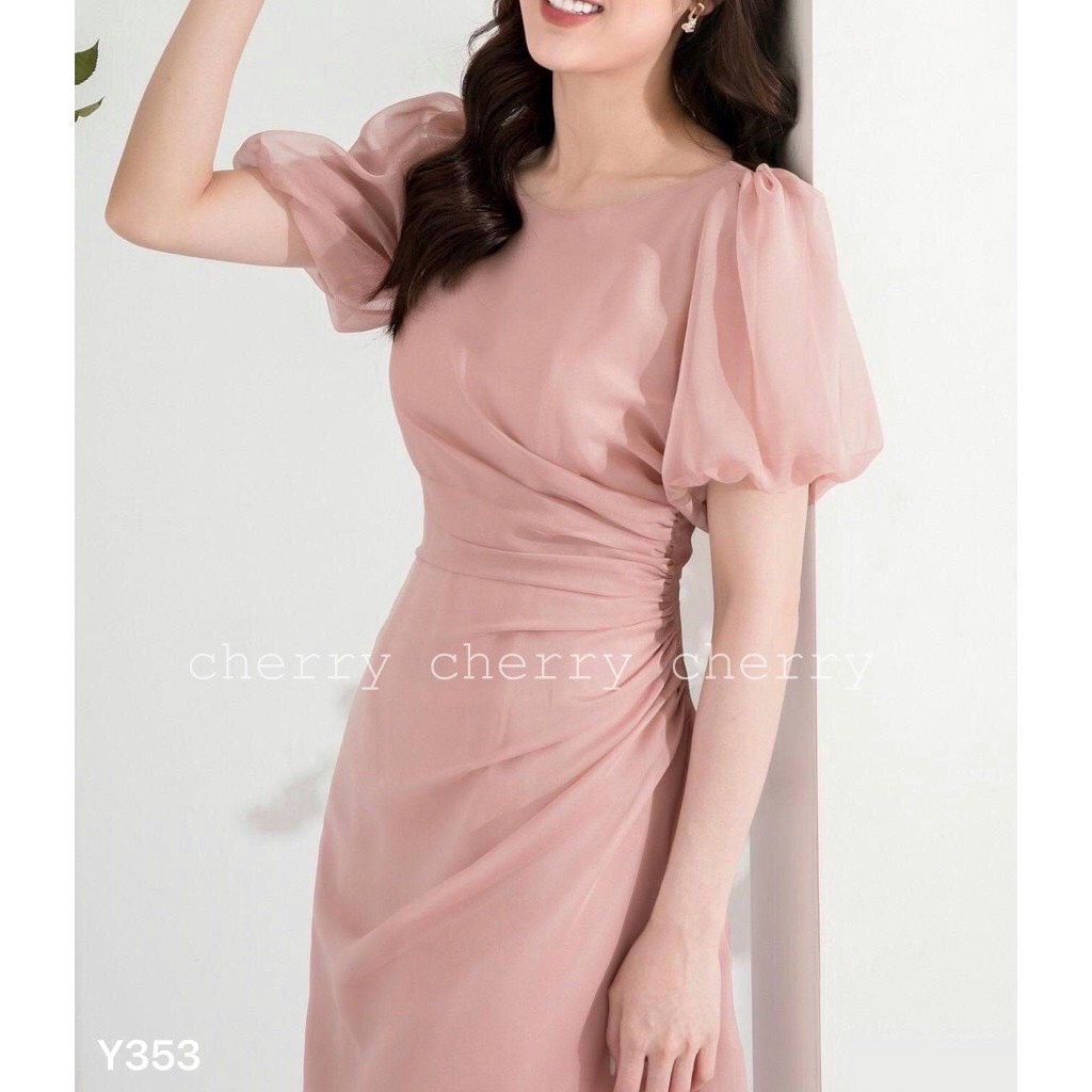 Váy đầm tay bồng nhún eo Y353 CHERRY