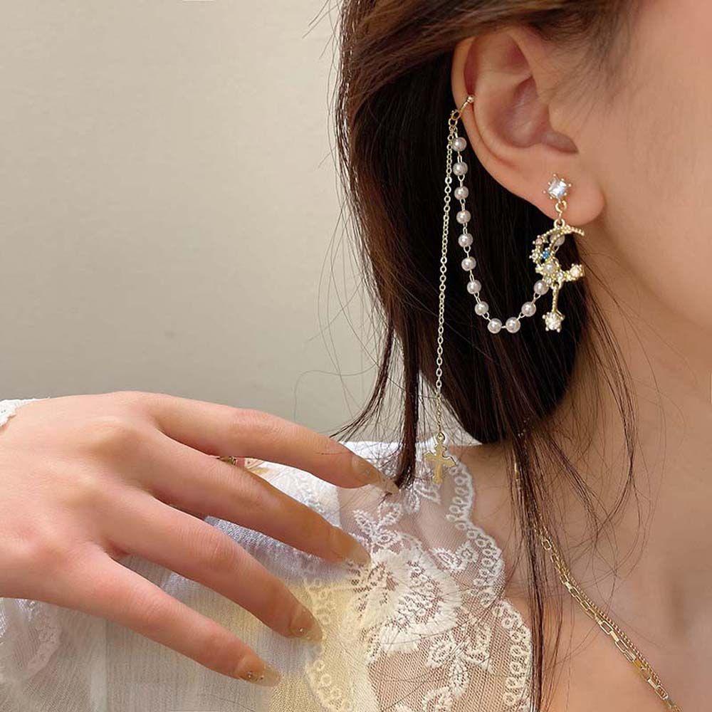 MXGOODS Bông Tai Dạng Kẹp Phối Dây Xích Bằng Hợp Kim Hình Thánh Giá / Mặt Trăng Sang Trọng