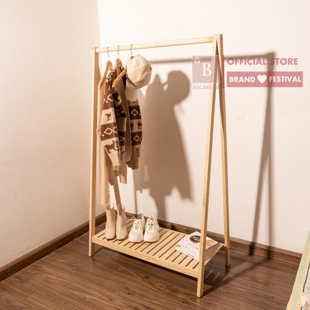 Giá Treo Quần Áo Gỗ Thông 1 Tầng BTC DECOR - Màu Sắc Tự Nhiên, Kích Thước 150 X 82 X 35 cm - BH 12 Tháng