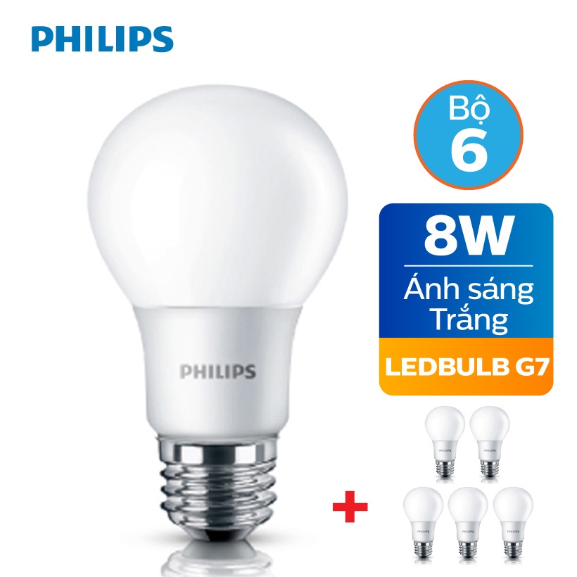 Bộ 6 Bóng đèn LED Philips 8W siêu sáng tiết kiệm điện 6500K E27 A60 - Ánh sáng trắng