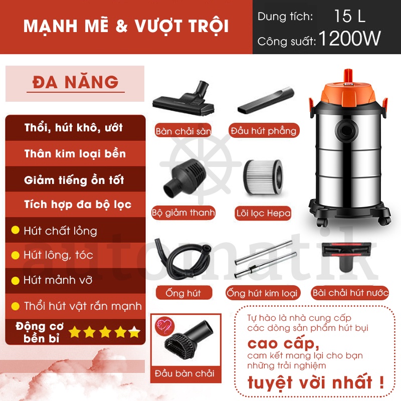 Máy Hút Bụi Công Nghiệp Gia Đình, Nhà Xưởng, Ô Tô Xe Hơi, Sofa, Nhà Cửa M15 + Tặng Bộ 09 Đầu Hút - Automatik