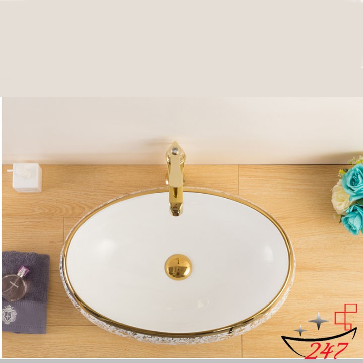 [HÀNG CAO CẤP] Lavabo sứ elip hoa văn vàng cao cấp  bảo hành 10 năm