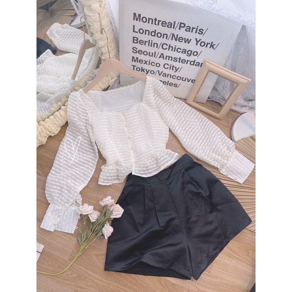 SET ÁO PEPLUM BI NỔI XỐP KEM + QUẦN SHORT ĐEN