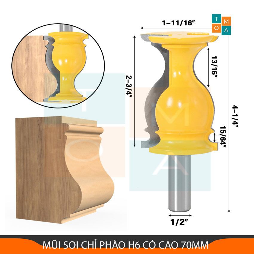 MŨI SOI CHỈ PHÀO H6 CAO 70MM - MŨI PHAY GỖ CỐT 12.7MM