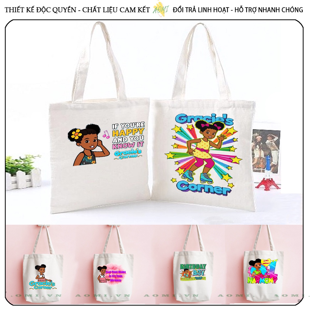 TOTE phonics song gracie's corner CANVAS TÚI VẢI ĐEO VAI BAG CÓ KHÓA KÉO SIZE LỚN 33x38cm AOMIVN DU LỊCH DẠO PHỐ AOMI