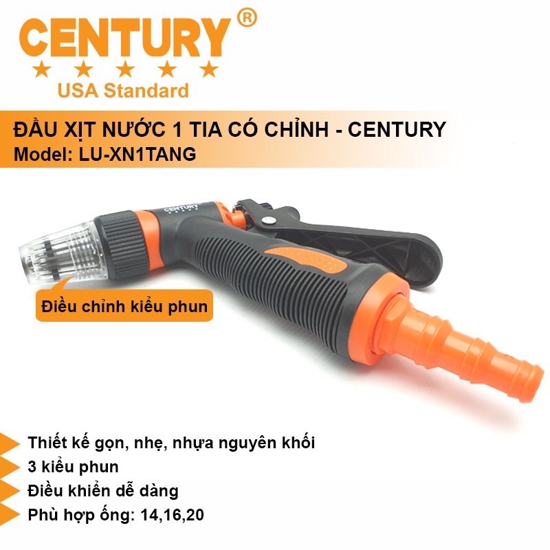 Dụng Cụ Xịt Nước Rửa Xe và Tưới Cây 1 Tia có chỉnh Century