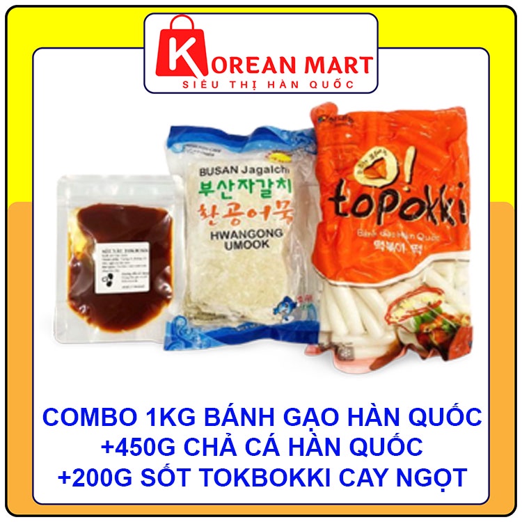 COMBO BÁNH GẠO TOPOKKI HÀN QUỐC 1KG KÈM SỐT TOKBOKKI 200G + 1 CHẢ CÁ LIÊN DOANH 450G