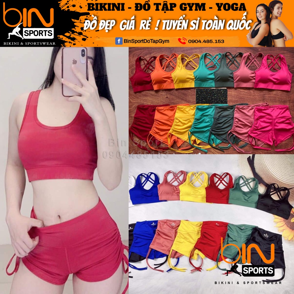 Set bộ đùi thể thao tập gym yoga nữ áo bra kèm mút quần đùi dây rút BN016