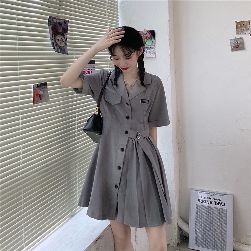 COZOK Đầm Tay Ngắn Cổ Vest Thiết Kế Đơn Giản Hợp Thời Trang