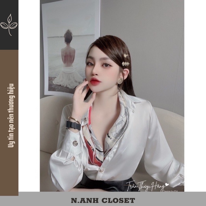 Áo sơmi lụa kèm khăn lụa hoạ tiết cực xinh