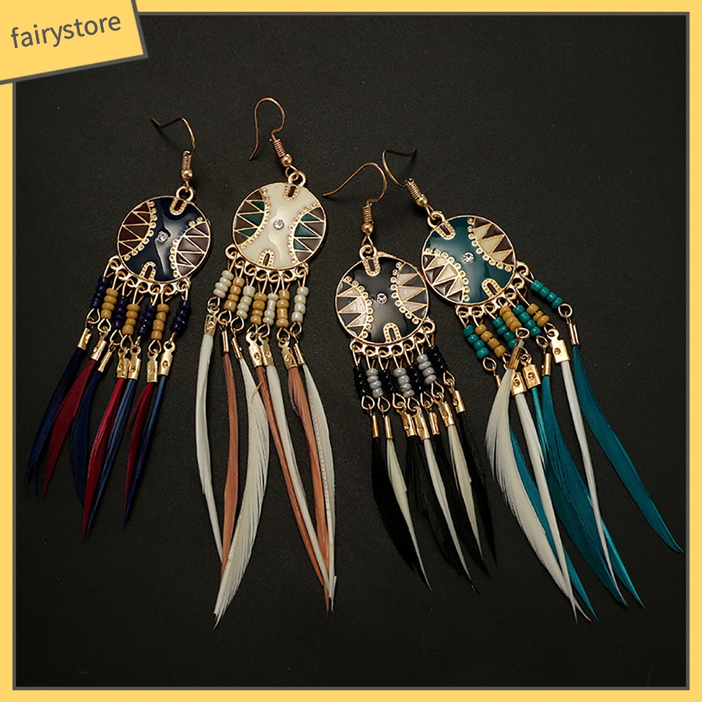 Bông tai hình dreamcatcher đính lông vũ phong cách cổ điển