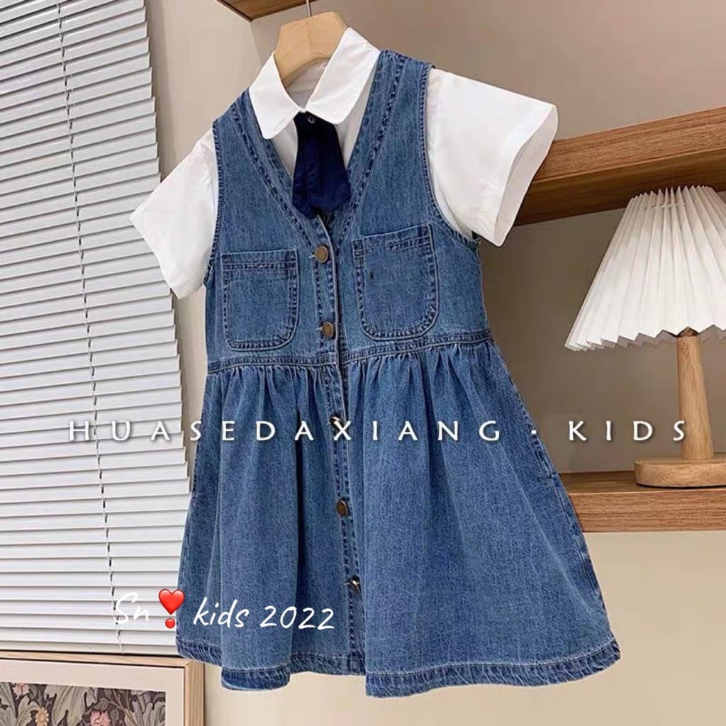 Váy bé gái, set váy bò kèm áo sơ mi cà vạt cho bé gái 12-32kg