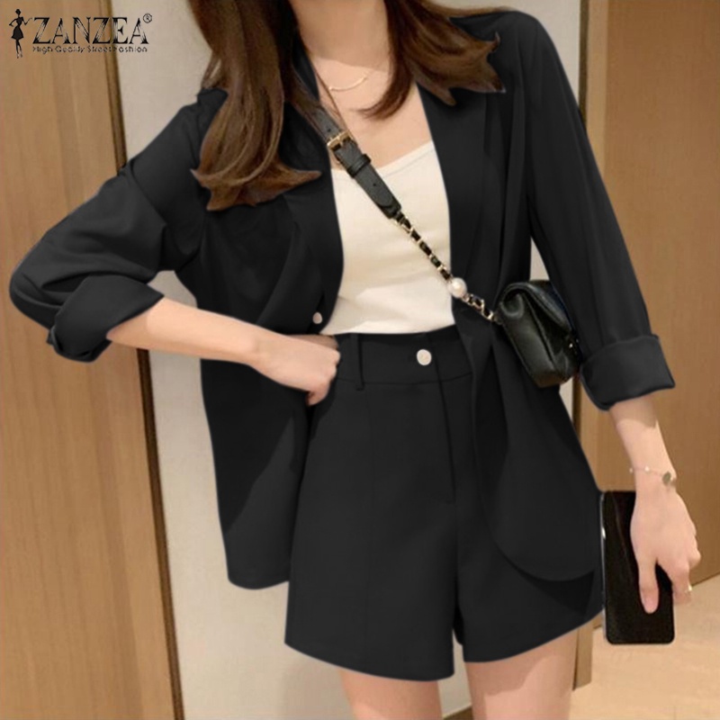 Set đồ ZANZEA gồm áo khoác blazer dài tay cổ bẻ + quần short lưng cao ống rộng thời trang nữ