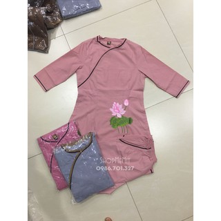 Bộ quần áo Phật tử đi lễ chùa cổ tròn vạt chéo màu hồng nhạt