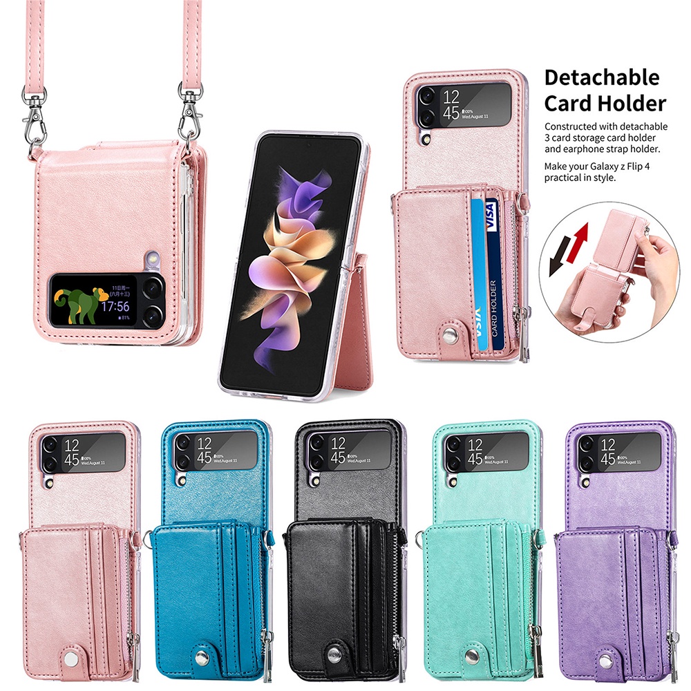 Bao Da Điện Thoại Nắp Gập Dạng Ví Chống Sốc Có Ngăn Đựng Thẻ Và Dây Đeo Cho Samsung Galaxy Z Flip 4 5G