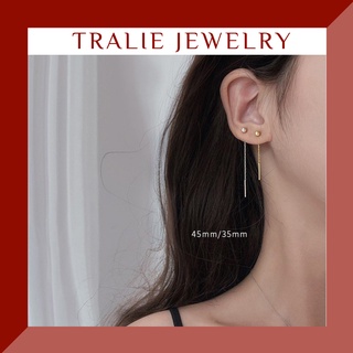 Bông tai bạc nữ 925 Tralie Jewelry, Khuyên tai bạc đầu tròn dáng dài basic