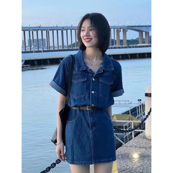 Váy Denim Jeans Quảng Châu (loại 1) kèm nịt, Đầm Yếm Denim mẫu mới 2022