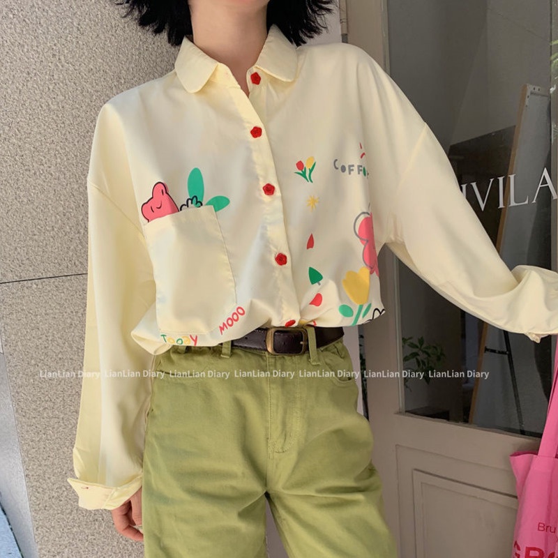 Áo Sơ Mi Tay Dài Dáng Rộng In Họa Tiết Graffiti Phong Cách Hàn Quốc Ngọt Ngào Cho Nữ