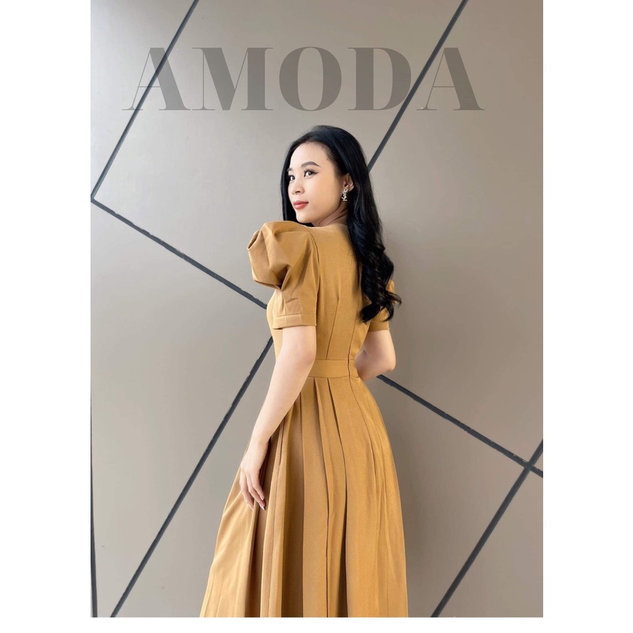 Váy xinh DANG DÀI siêu tôn dang tôn eo  vai bồng màu nâu dễ thương AMODA thiết kế cao cấp VN002