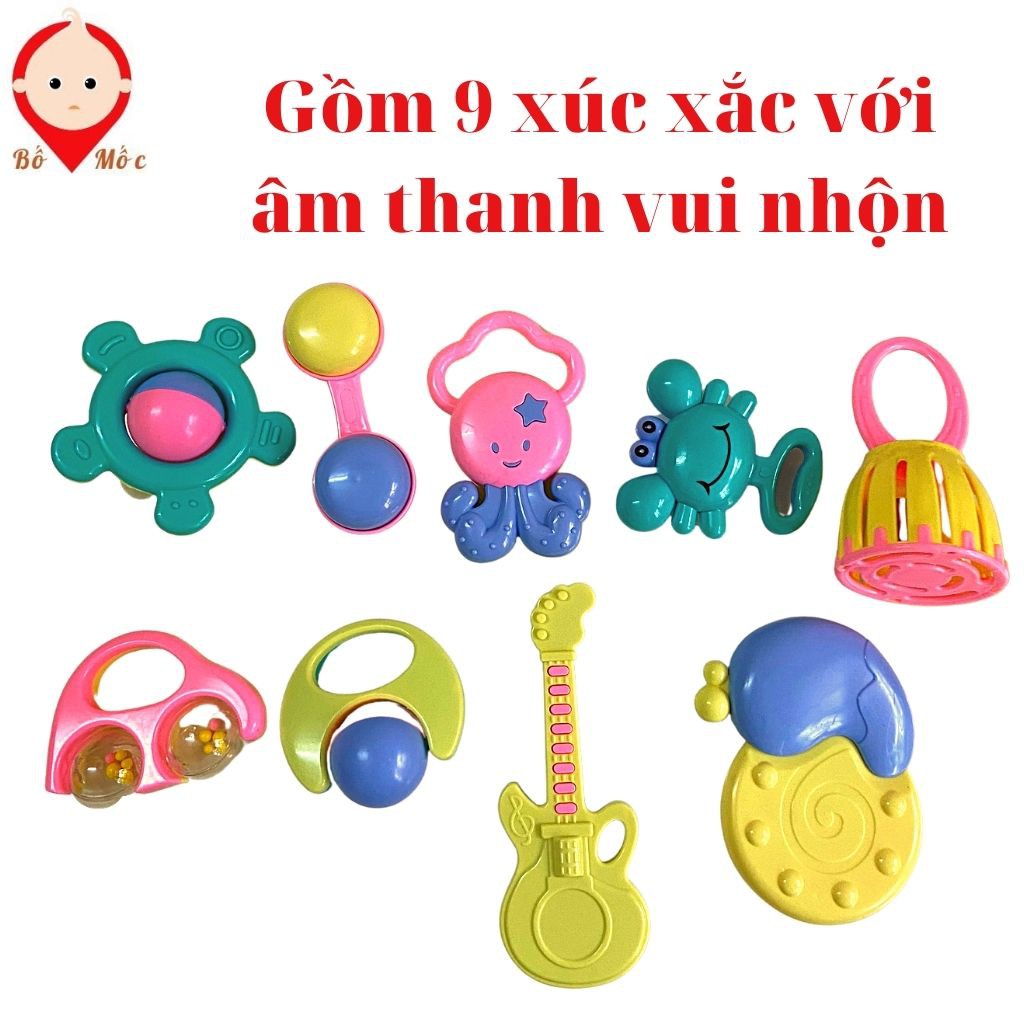 Đồ Chơi Xúc Xắc Lục Lạc - Bình Sữa Baby Toys 9 Món Cao Cấp Cho Bé Yêu - Shop Bố Mốc