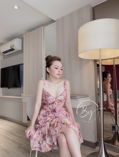 Đầm Hoa 2S Nơ Ngực màu ĐEN/ HỒNG XT